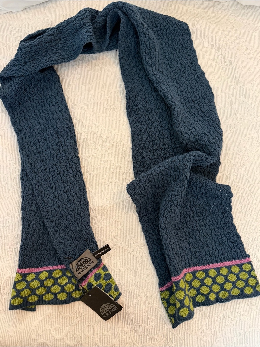 Navy Knit Scarf with Lime Dot Trim